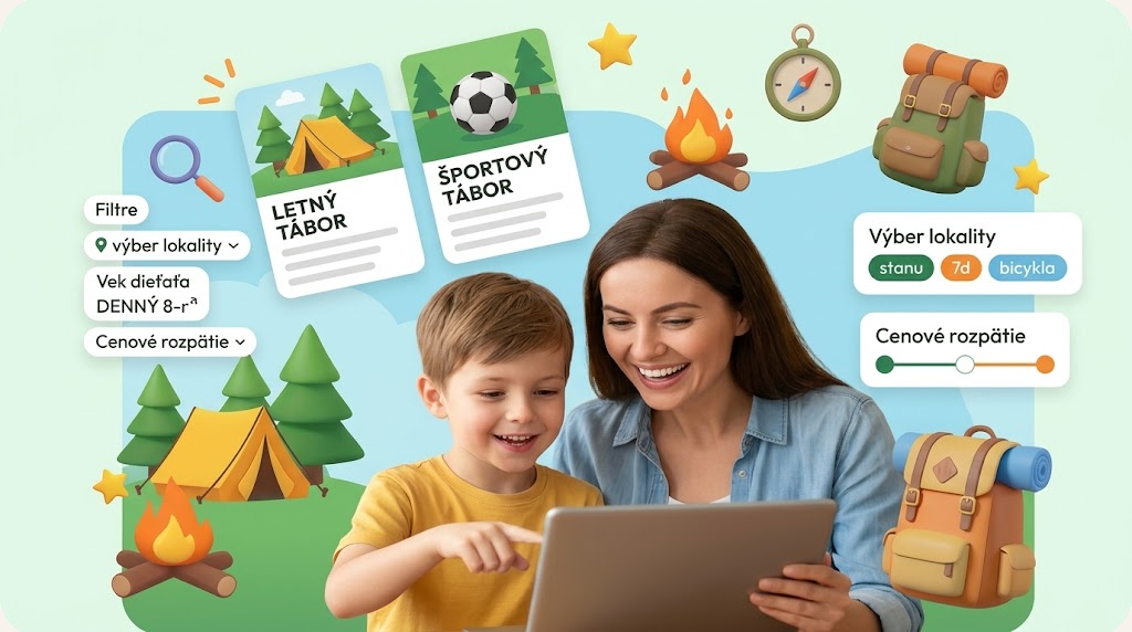 Ilustrace katalogu Taborino – filtry táborů, kategorie a rodič při výběru letního tábora